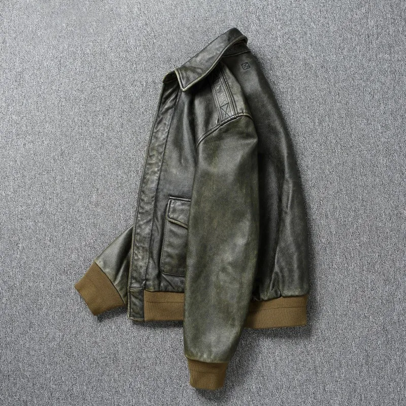 男性用Stonewashed牛革レザーフライトジャケット、クラシック