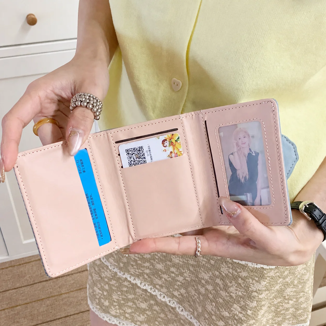 Women's Cute Cartoon Cake Embroidered Tri-fold Wallet PU Leather Small Short Purse Multi-Card Case with ID Window for Daily Use