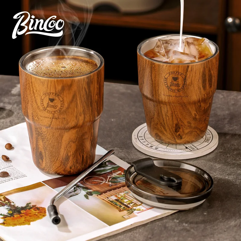 Bincoo Wood Grain Coffee Cup American High-Looking Insulated Cup Car Portable Stainless Steel Water Cup with Straw Cup