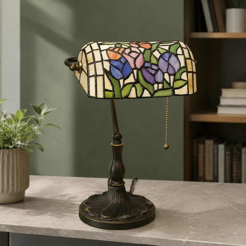 Vintage Classic Tiffany Stained Glass Banker Style Floral Pattern Pull Chain Bedside Bedroom Living Room Home Decor Table Lamp