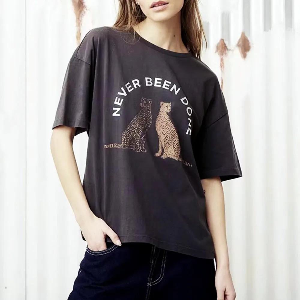Never Been Done Leopard Printing Vintage Style T Shirts Female Loose Cotton Short Sleeve Tops Summer Dark Gray Casual Tees