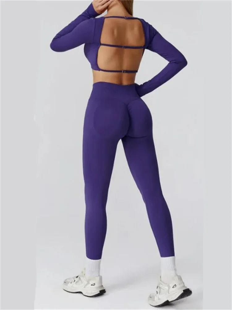 Women Seamless Yoga Set Hollow Back Sports Bra High Waist Leggings Running Workout Outfit Fitness Gym Active Wear Clothes