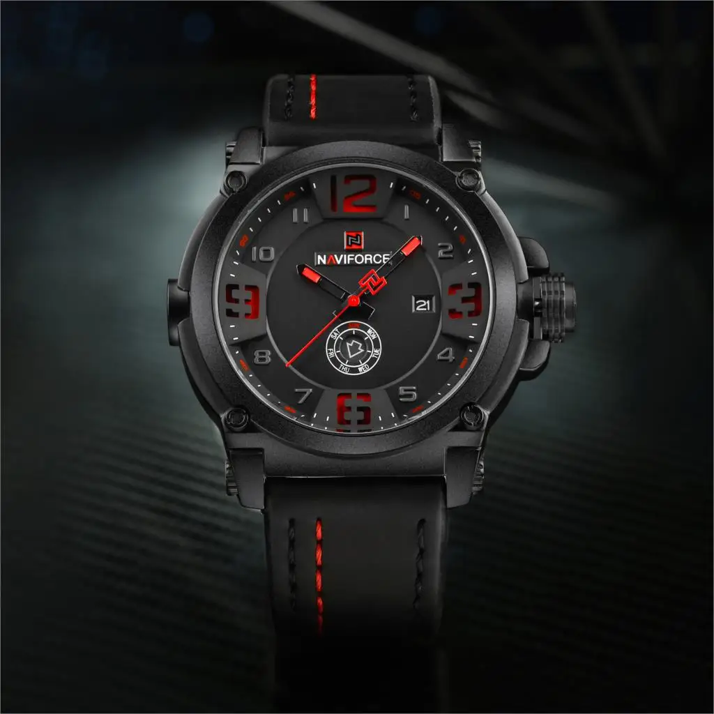 NAVIFORCE Fashion Sport 3ATM Waterproof Date Week Quartz Leather Men Watch Male Clock Hour Time Relogio Masculino 2018 Black New