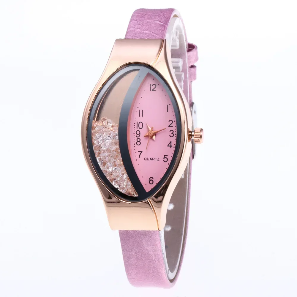 Reloj de movimiento de cuarzo único para mujer, esfera de media luna ovalada, Bola de diamantes de imitación de medio lado, diseño de arena movediza, regalo para mujer, correa de cuero