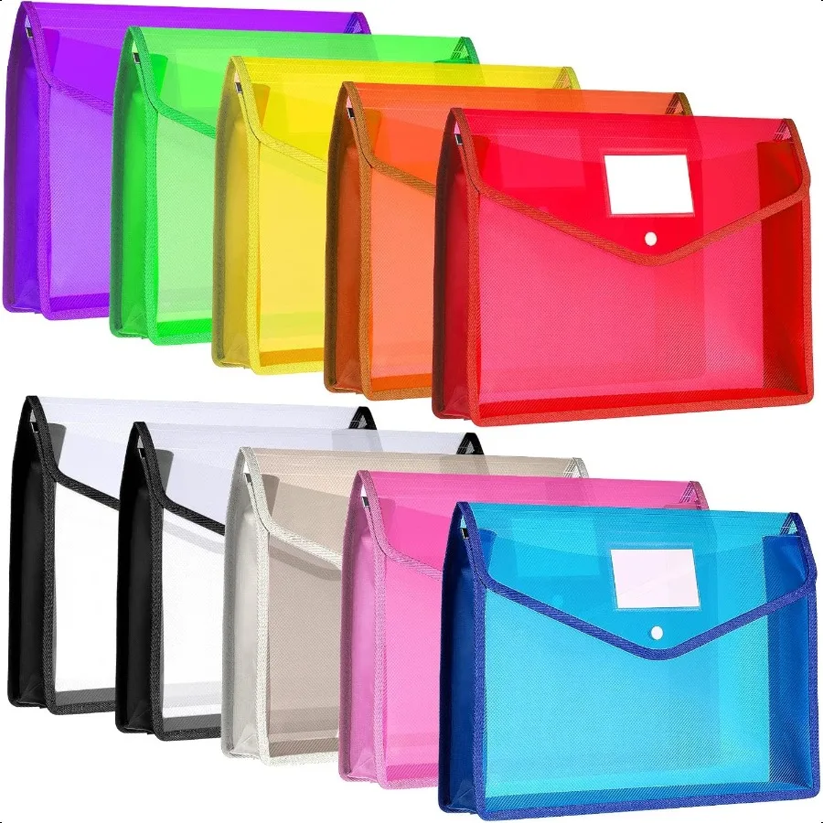 

10 Pieces Plastic File Folders Envelope Expanding File Wallet Organizer Documents Folder with Snap Closure and Pocket B4 Waterp