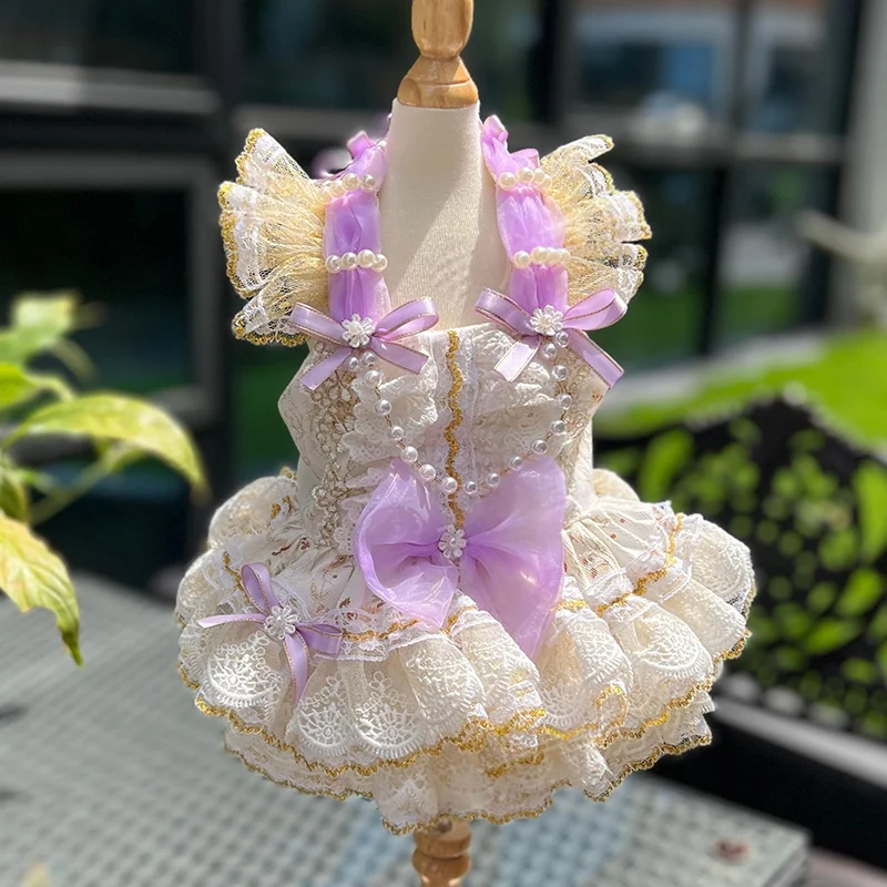 Princess Dress for Small Medium Dogs Chihuahua Purple White Lace Hollow Flower Spring Summer Sling Fashion Pet Dog Clothes