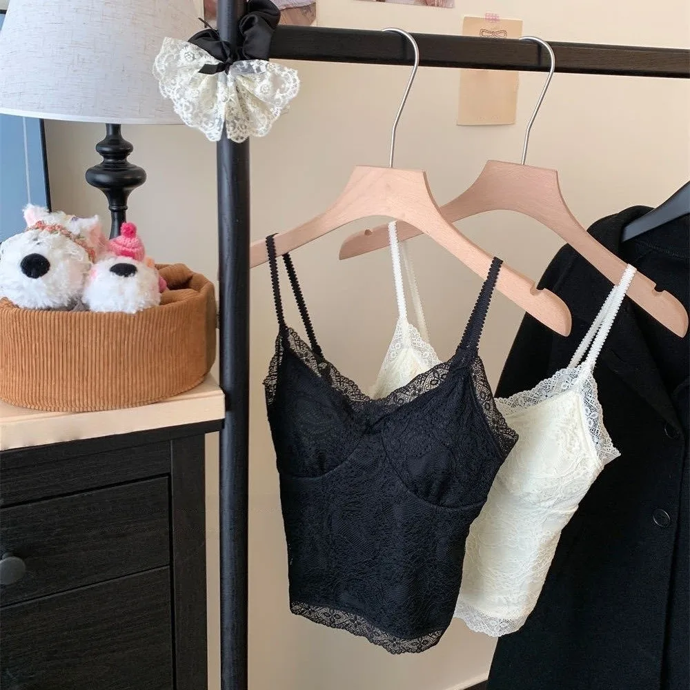 เสื้อครอปตาข่ายลายดอกไม้ แต่งลูกไม้บางเบา เสื้อกล้ามเด็กผู้หญิงบุขนนุ่ม สไตล์สาวเปรี้ยว เสื้อซับในแบบมีฟองน้ำสำหรับผู้หญิง