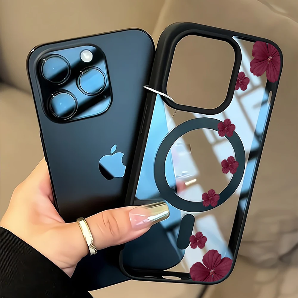 Vintage-Blumen Transparente Hülle für Magsafe iPhone 15 16 13 Pro Max 17 14 11 13 12 Pro Max Plus Hülle Magnetisches Kabelloses Laden Coque – Detail 9
