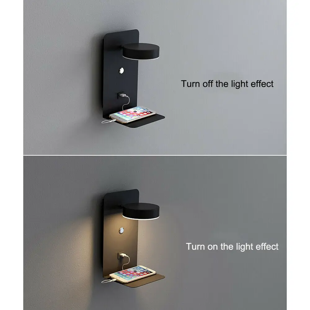 ABZV-Reading Wall Light with USB Port Charging Creative Rack Bedside Lamp with Switch -Black
