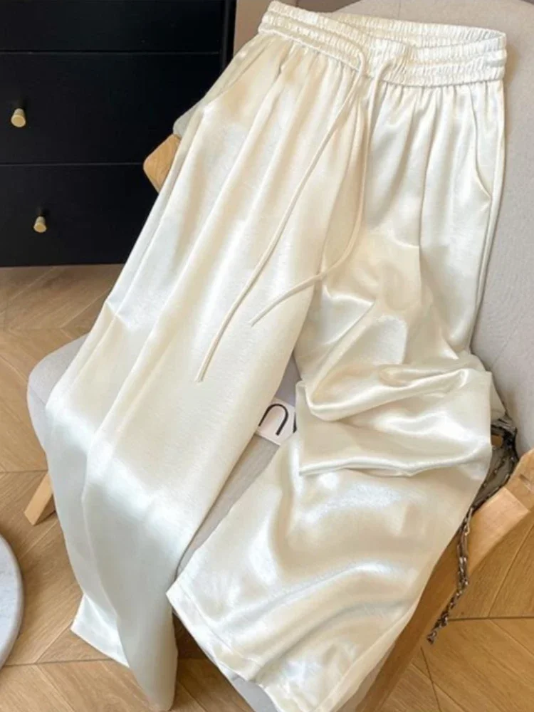 Solid Color High Waist Loose Casual Pants 2026 New Acetate Satin Pants for Women Elastic Waist Drawstring Wide Leg Pants Women