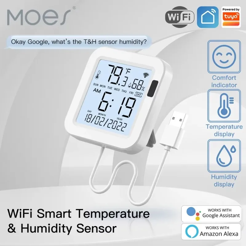 Smart WiFi Temperature Humidity Sensor IPS Infrared Sensing Backlight Android APP Alexa Google Voice Remote USB Bar Hotels