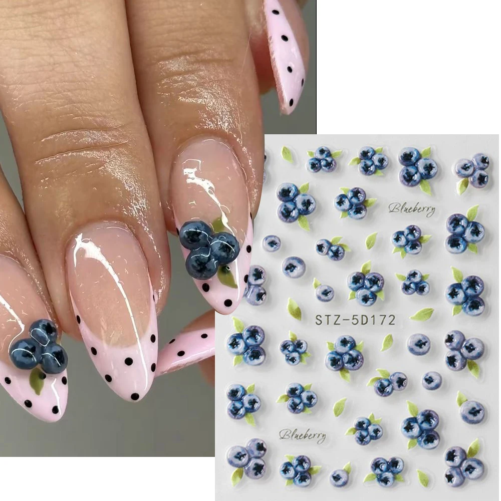 1/2 Stück Niedliche Sommer-Blaubeer-3D-Nagelkunst-Aufkleber 5D Gravierte Blaubeer-Nagelsticker DIY Maniküre-Designs Nageldekorationen – Detail 2