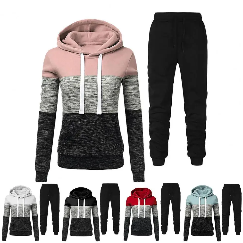 1 Set Simple Pullover Trousers Tracksuit Top Pants Set Color Block Warm Sweatshirt Lace-up Sweatpants  Soft