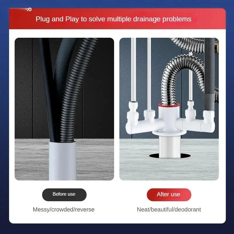 New Kitchen Downcomer Three-Way Drain Pipe Deodorant Water Purifier Dishwasher Four-Way Sink Basin Integrated Drainer