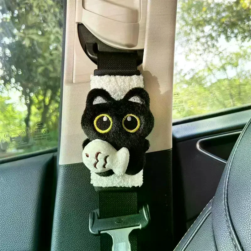 Car Shoulder Pad Cover 1PCS Black Cat & Fish Print Elegant Wear-Resistant Seatbelt Protector for Car Driver Passenger