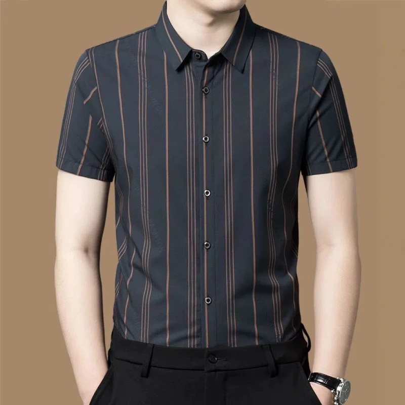 Smart Casual Simplicity Summer Thin Shirts Men\'s Square Collar Striped Single Breasted Trend Versatile Short Sleeve Slim Tops