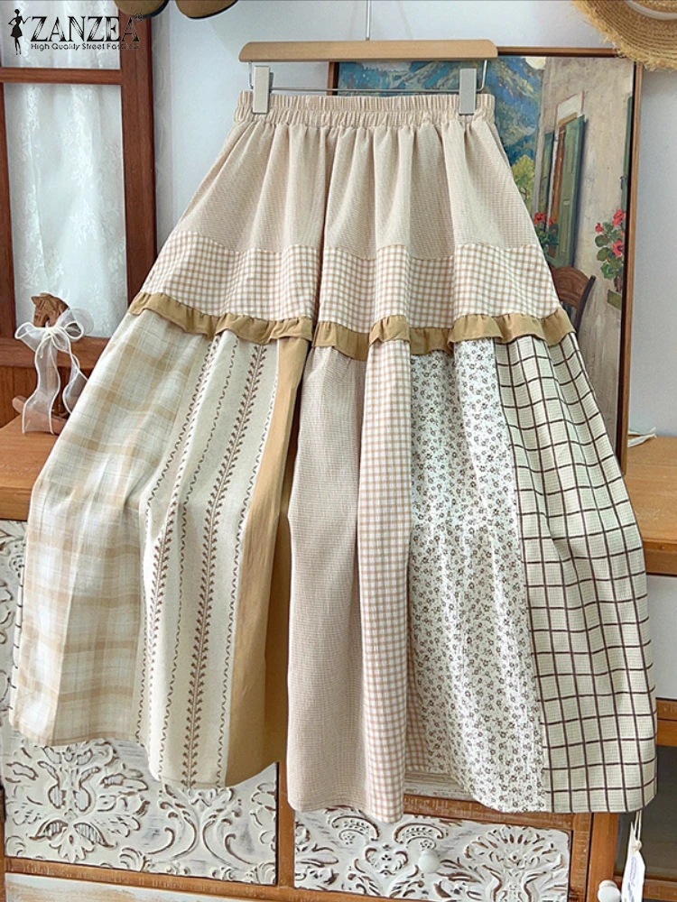 

ZANZEA Mori Girl Style Юбки-миди женские в клетку в клетку в стиле пэчворк с эластичной резинкой на талии и оборками Faldas Mujer 2023 осень трапециевидной формы Jupes
