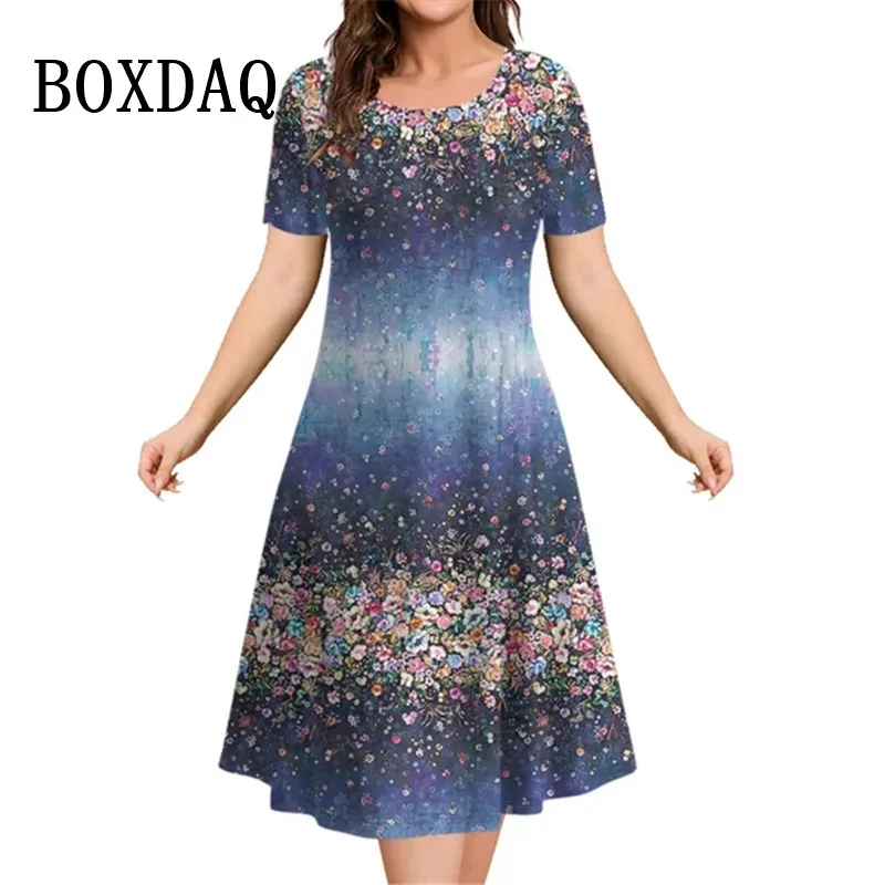 New 2023 Vintage Dresses Women 3D Flowers Printing Short-Sleeve Summer Casual Pullover Fashion Loose Plus Size Ladies Dresses