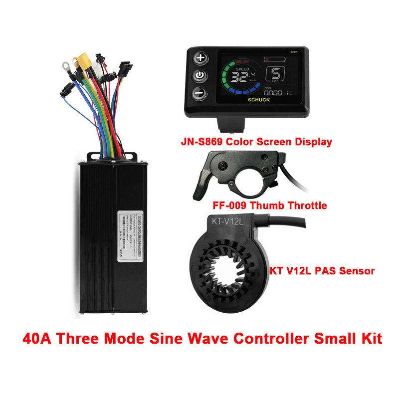 Mountain bike Conversion Kit Three Mode 40A Sine Wave Controller SM Plug,JN S869 Display,FF-009 Thumb Throttle,F-V12L PAS Sensor