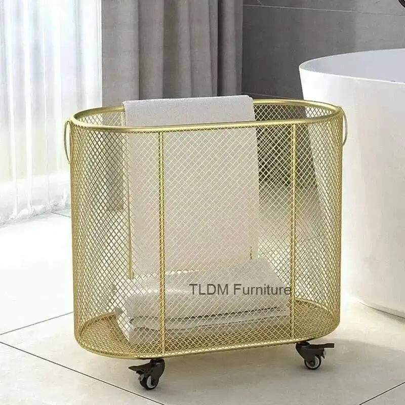 

Modern Luxury Bathroom Iron Art Laundry Baskets Dirty Clothes Basket Household Clothes Storage Basket Golden Belt Wheels w