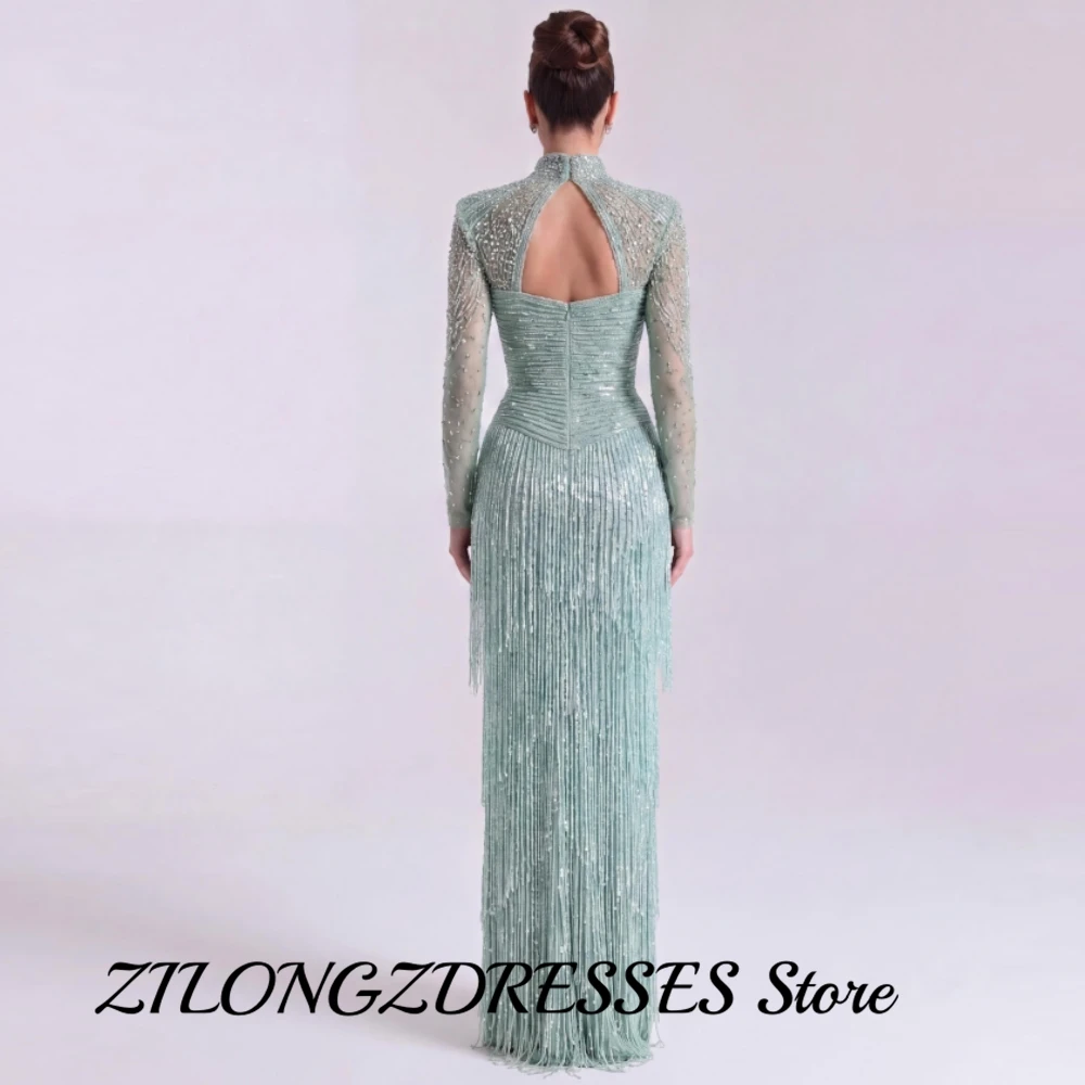 Exquisite Mermaid Evening Dress Luxury Long Sleeves Beading Sequined Tassel Customized Prom Dresses Fashion Tulle Party Gown
