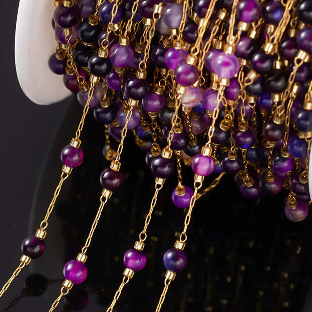 1m Stainless Steel 4.5mm Round Purple Agate Gemstone Bead Ball Link Chains  for DIY Necklace Bracelet Jewelry Making Supplies