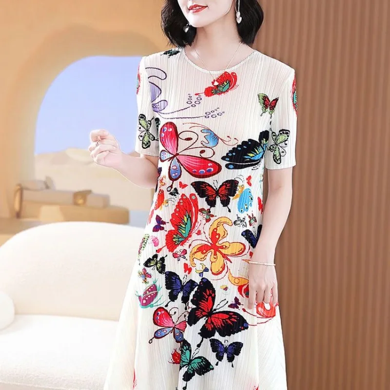 

Casual Dress 2023 Fashionable Women Fragmented Flowers Mid length Dress Summer Dress Pleated High end Elegance Dress Female