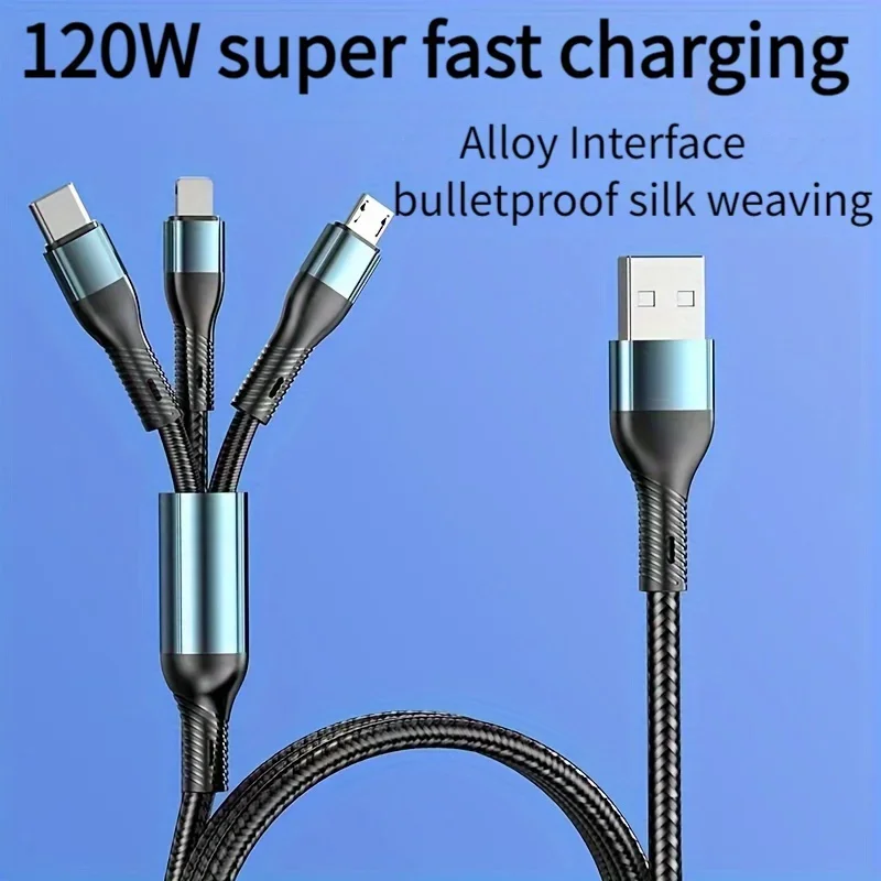 3 in 1 USB Charging Cable with Nylon Braided  Cord USB to Lightning/Type-C Connectors Data Transmission Compatible for iPhone