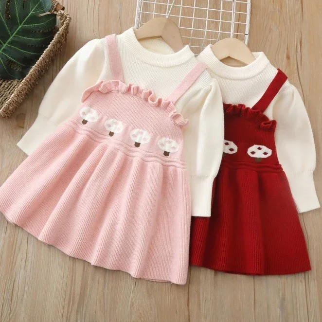 Girls Skirt 2026 Autumn And Winter New Childrens Clothing Girls Baby Fashion Sweet Christmas Bow Plus Velvet False Two Dresses