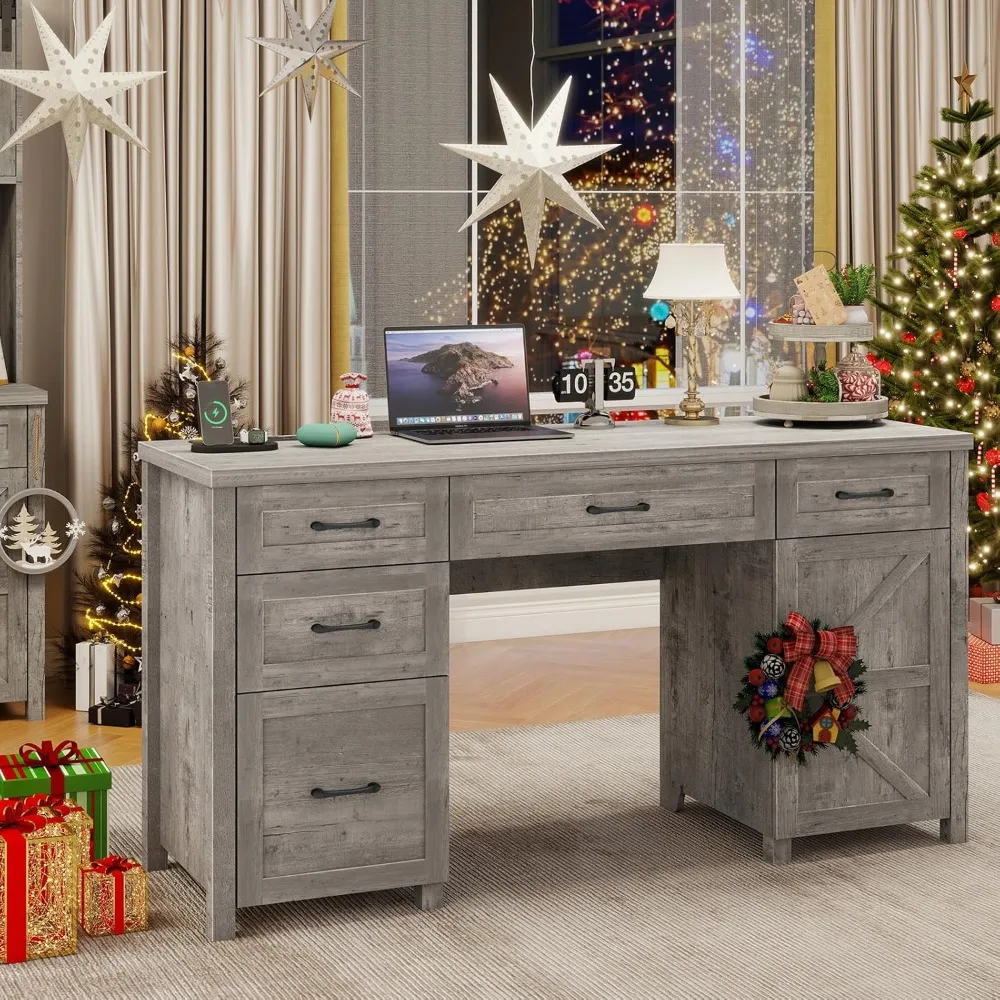 61 inch administrative desk with 5 drawers, rural office desk, computer desk, file drawer, and storage space