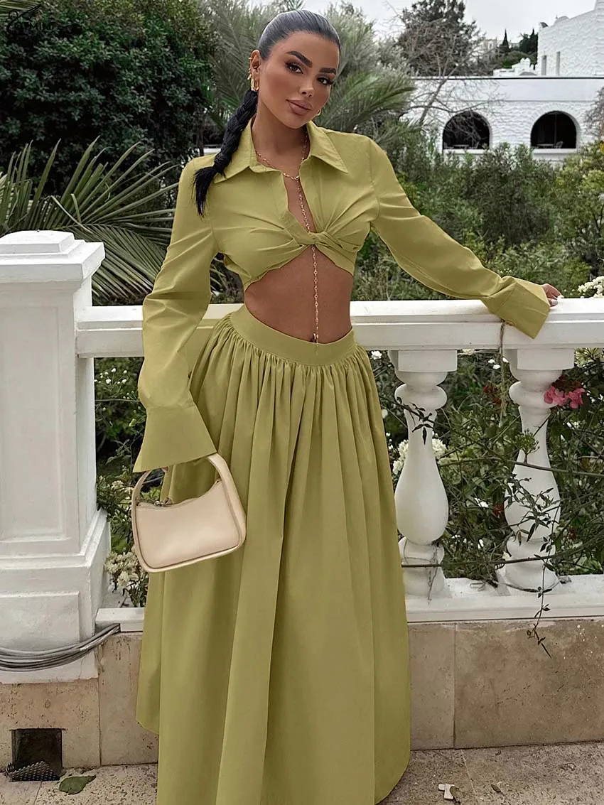 

Oymimi Fashion Yellow Cotton Women's Two Pieces Set Elegant Long Sleeve Lace-Up Crop Shirts And High Waisted Loose Skirts Sets