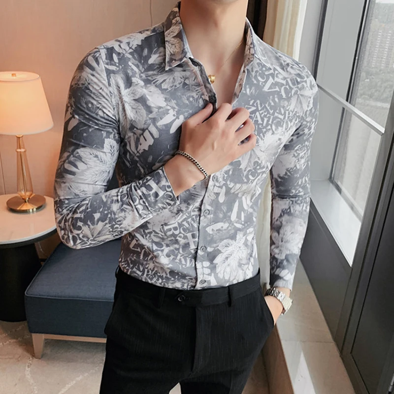 

New Fashion High Quality Luxury Men's Shirt Elegant Casual Long Sleeves Clothes Social Personality Printing Blouses