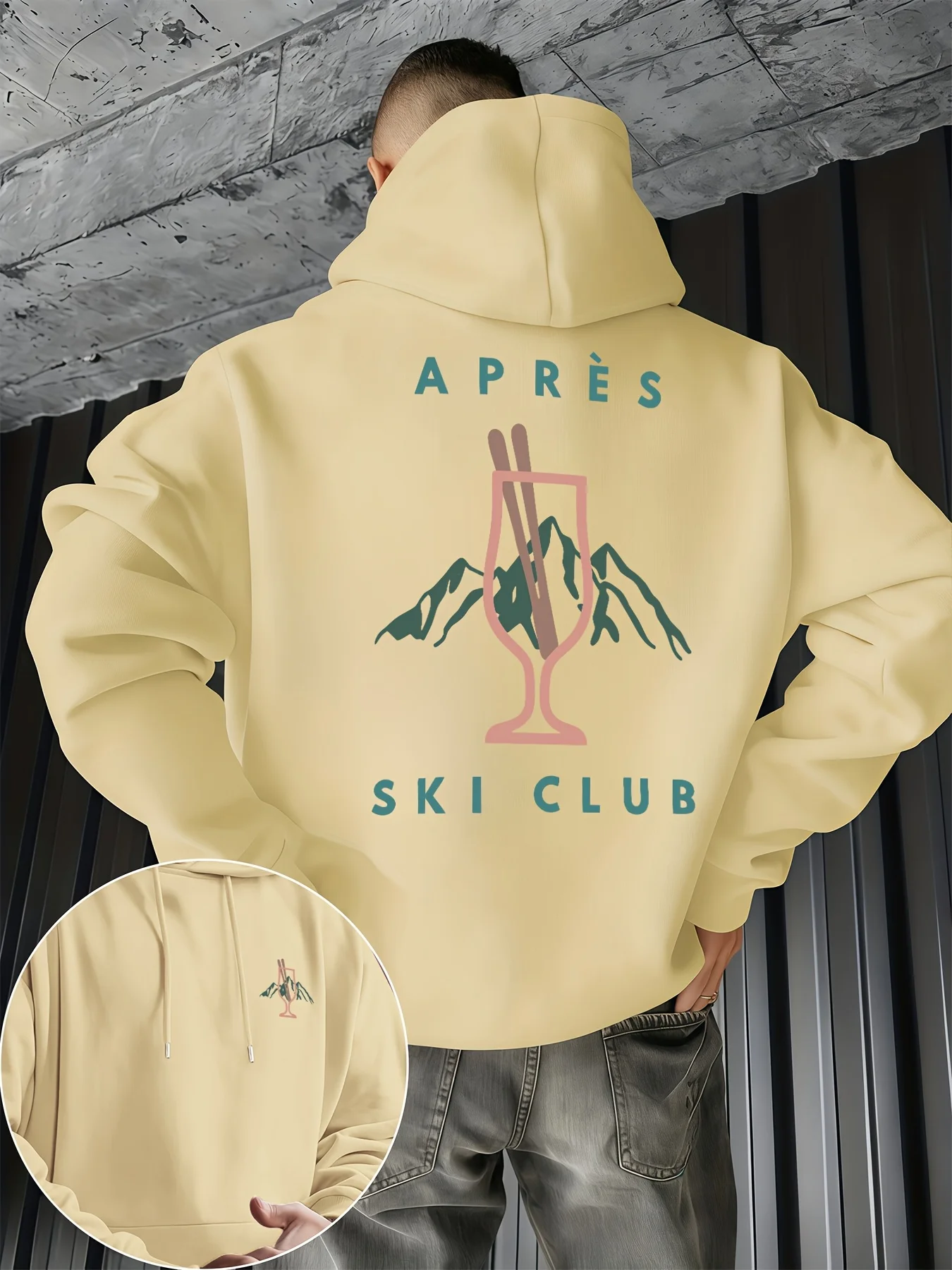 Men's Retro Ski Club Pattern Hooded Sweatshirt - Simple Lines Print Loose Hip-Hop Daily Casual Warm and Comfortable Hooded Shirt