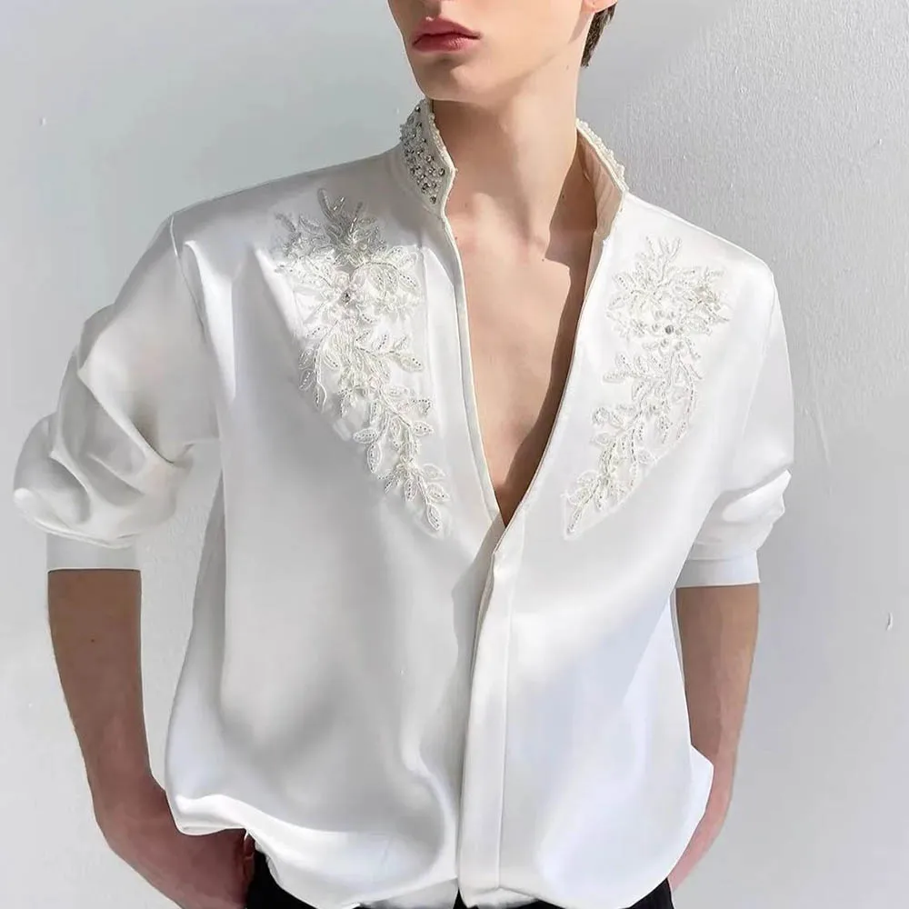 

Men's Solid Color Rhinestone Long-Sleeved Shirt American Retro Fashion Trend High Street Loose Breathable Casual Niche Men's Top