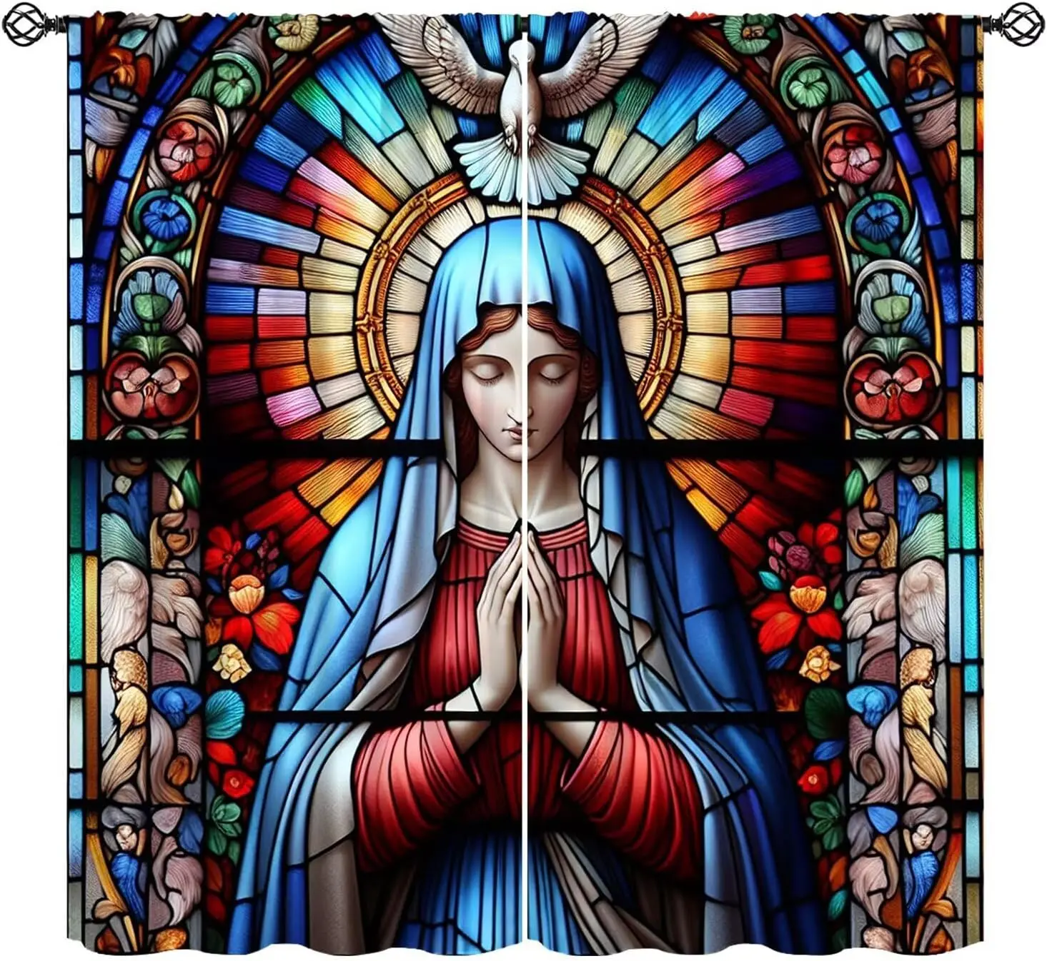 Stained Glass Colorful Curtains,Boho Abstract Religious Mosaic Jesus Multi Colored Saints Decor Rod Pocket Window Treatments for