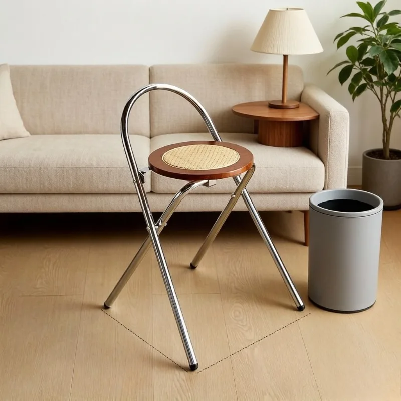 

Rattan Wabi-Sabi Style Folding Round Stool, Stainless Steel Frame Ins Bar Stool, Portable Home Cafe Stool for Small Apartment