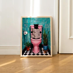 Bath Black Cat Using Toilet Prints Funny Poster Wall Decor Pooping Painitng Pink Toilet Wall Art Canvas Pictures Home Decoration