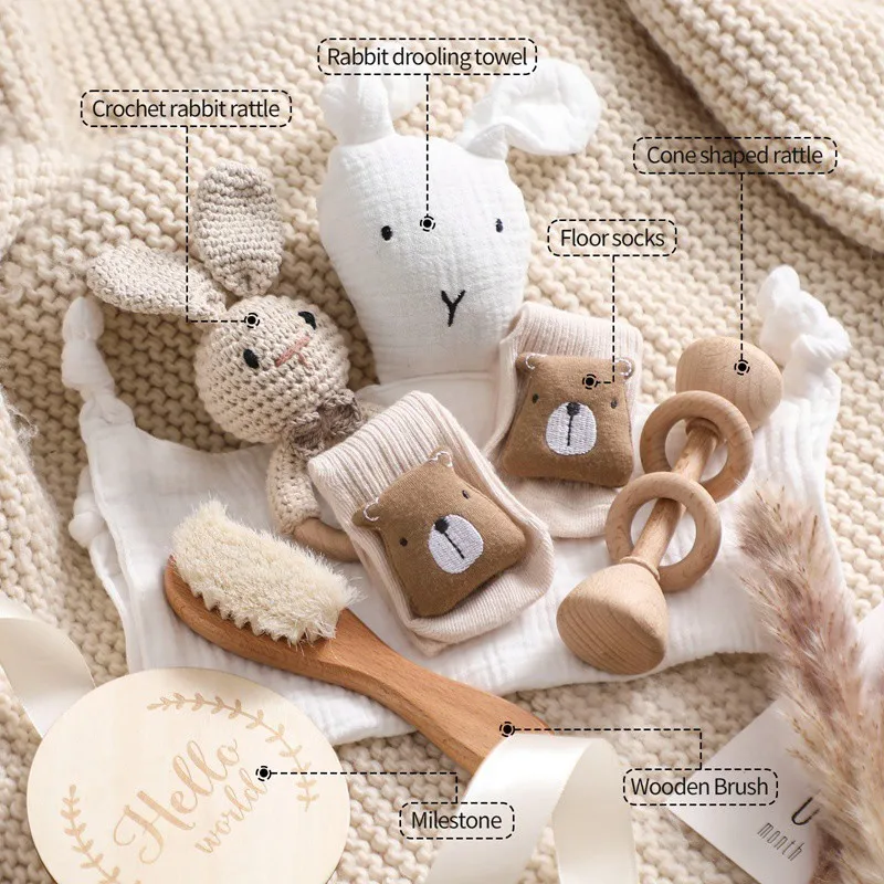 Baby Wooden Crochet Rattle Brushs Bracelet Towel Double Sided Cotton Blanket Newborn Bath Set Gifts Box For Baby Shower Gift