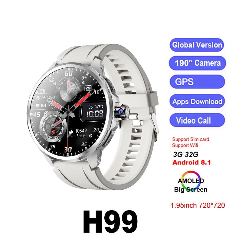 

H99 Смарт-часы Мужские часы SIM-карта 4G Android Google Play 1,95 дюйма Amoled 32gG Память GPS WIFI 2100 мАч Смарт-часы 2025