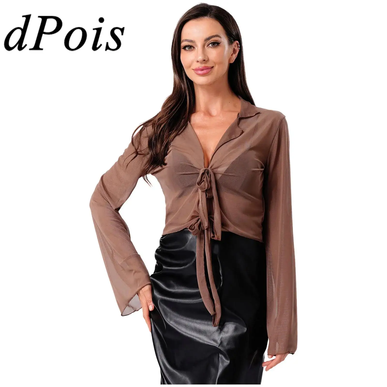 

Women Fashion Bolero Hot Sold Color Wrap Coats Long See-through Flared Sleeve Self-tied Strap Slim-fitting Party Tops Shrug