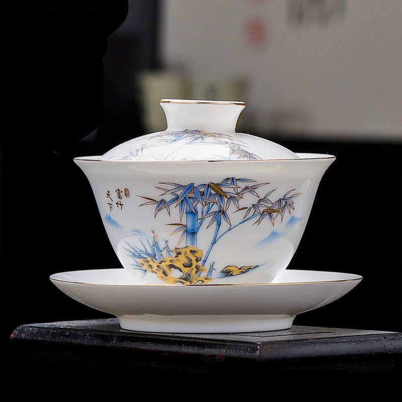 Hand-painted White Porcelain Gaiwan High-quality Mutton Fat Jade Porcelain Teacup Portable Ceramic Teaware Tea Infuser