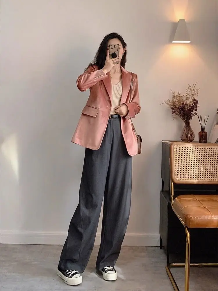 Vintage Dames Fluwelen Jasje Herfst Nieuwe Zoete Roze Notch Kraag Pak Jas Elegant Office Lady Enkele Knop Outerwears 2025