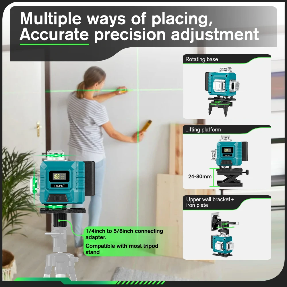 HGLINE 4D 16 Lines Laser Level 360° Horizontal Vertical Measuring Green Beam Laser Instrument Inclined Level Tools 1 Battery Set