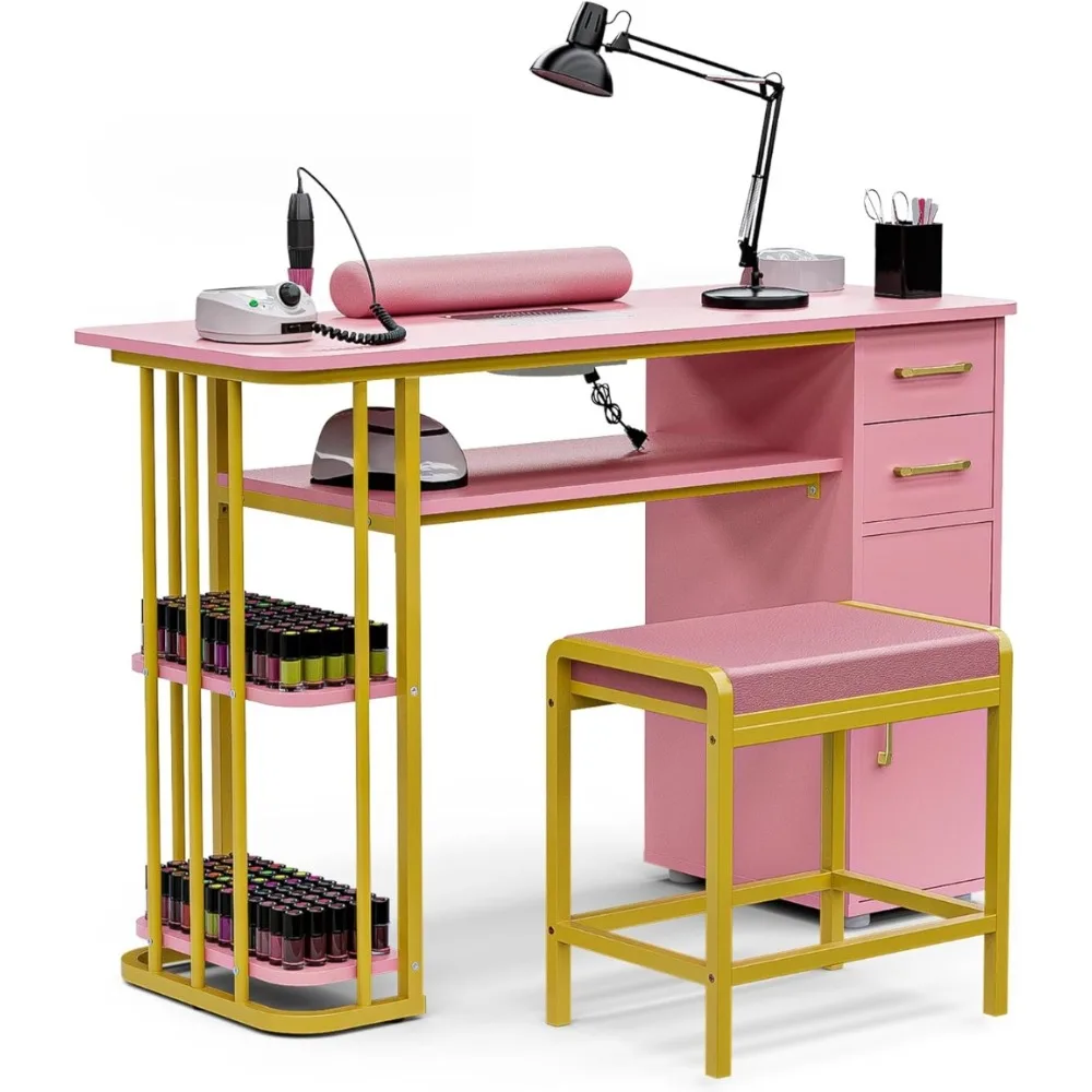 Manicure Table Nail Desk for Nail Tech, Professional Nail Table with Stool, Dust Collector, Dust Bag & Wrist Cushion，Modern