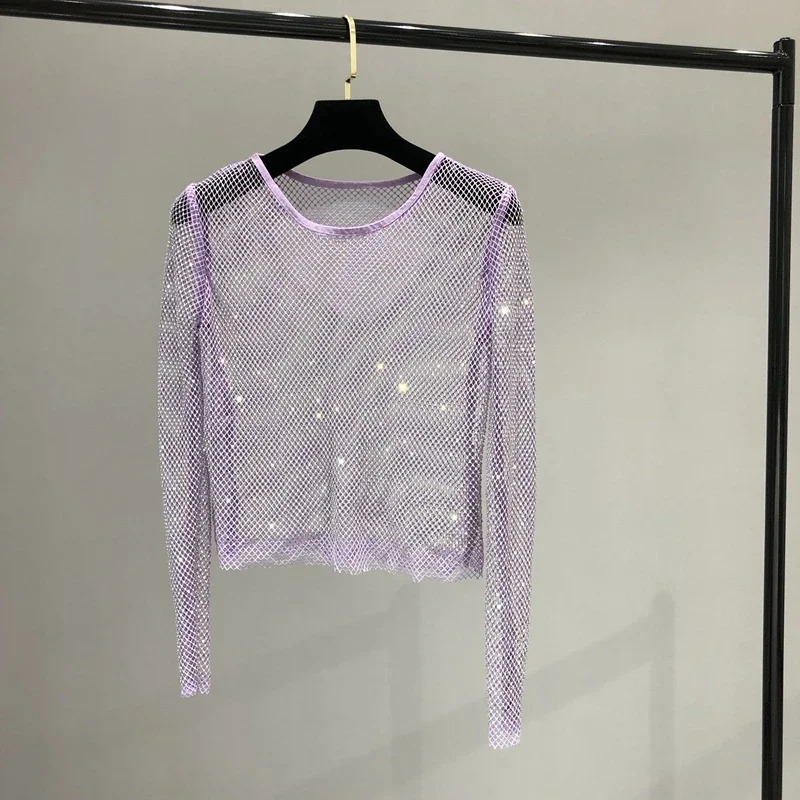 Bright Diamond Sexy Mesh prospettiva Bright Diamond Slim Fit Bottoming Shirt strass Shiny Hollow Net Shirt Top da donna