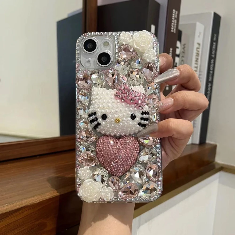 Kawaii Hello Kitty Iphone15Promax 16 Phone Case Diamond 14Plus 13Mini Advanced 12/11 Silicone Xsmax Phone Case Birthday Gift