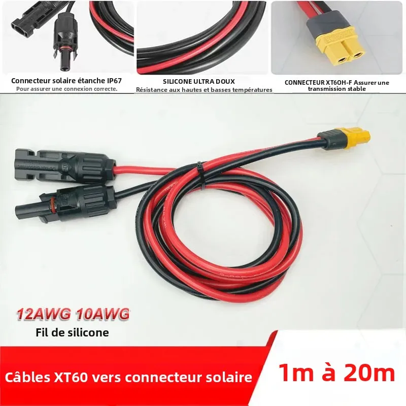Câble solaire vers XT60 mâle/femelle 1m~20m, adaptateur connecteur solaire vers XT60, câble en silicone 10AWG 12AWG pour équipement solaire