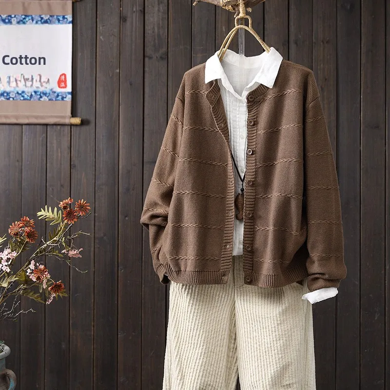 

Открытый кардиган из чистого хлопка, женский круглый вязаный свитер, тонкая верхняя одежда свободного покроя, мягкая, удобная, дышащая, весна-осень