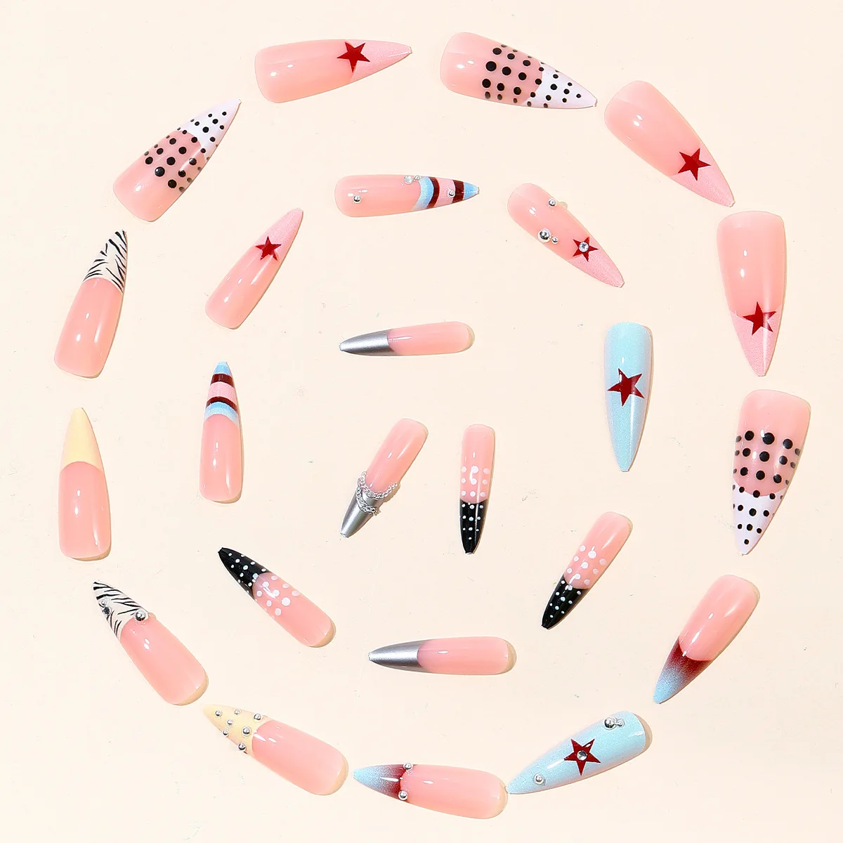 24 Stück Spicy Girl Lange Spitze Künstliche Nägel Y2k Polka Dot Streifen Französischer Stil Aufklebenägel Stern Stahlkugelketten-Dekor Falsche Nägel – Detail 3