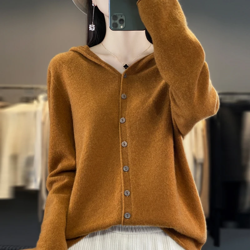 100% Pure Wool Knit Hooded Hoodie Autumn Women\'s Cardigan 2023 Autumn and Winter New Outer Tower Jacket Loose Large Size Top